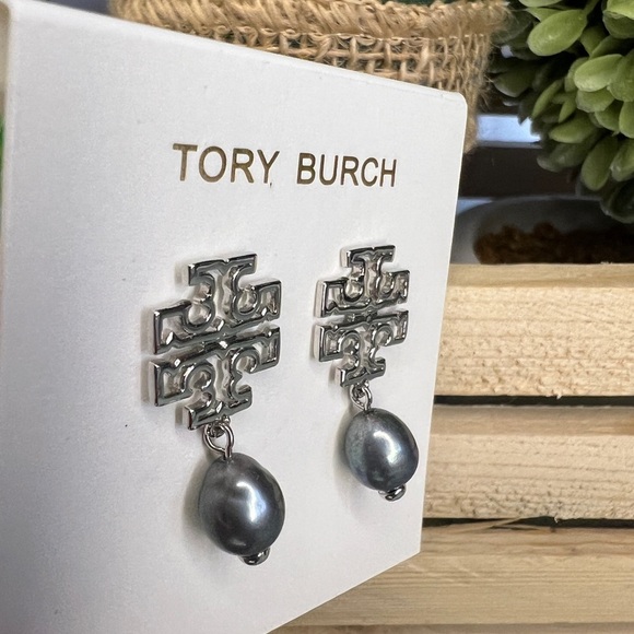 Tory Burch Britten Logo Pearl Silver Drop Earrings - Picture 2 of 3